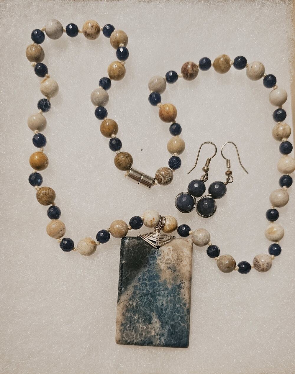 Handmade Ocean Jasper & Blue Agate Gemstone Necklace Set Pendant Earrings